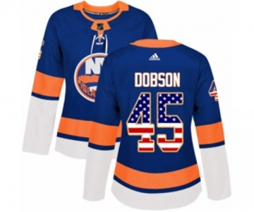 Women Adidas New York Islanders #45 Noah Dobson Authentic Royal Blue USA Flag Fashion NHL Jersey