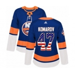 Women Adidas New York Islanders #47 Leo Komarov Authentic Royal Blue USA Flag Fashion NHL Jersey