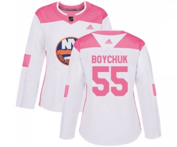 Women Adidas New York Islanders #55 Johnny Boychuk Authentic White Pink Fashion NHL Jersey