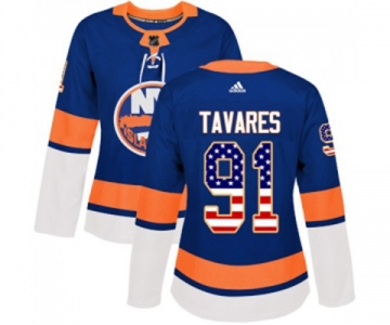 Women Adidas New York Islanders #91 John Tavares Authentic Royal Blue USA Flag Fashion NHL Jersey