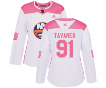 Women Adidas New York Islanders #91 John Tavares Authentic White Pink Fashion NHL Jersey