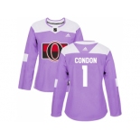 Women Adidas Ottawa Senators #1 Mike Condon Purple Authentic Fights Cancer Stitched NHL Jersey