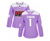 Women Adidas Ottawa Senators #1 Mike Condon Purple Authentic Fights Cancer Stitched NHL Jersey