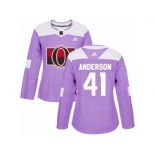 Women Adidas Ottawa Senators #41 Craig Anderson Purple Authentic Fights Cancer Stitched NHL Jersey