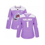 Women Adidas Colorado Avalanche #1 Semyon Varlamov Purple Authentic Fights Cancer Stitched NHL Jersey