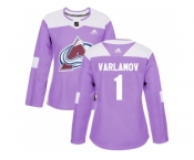 Women Adidas Colorado Avalanche #1 Semyon Varlamov Purple Authentic Fights Cancer Stitched NHL Jersey