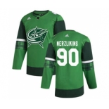 Men's Columbus Blue Jackets #90 Elvis Merzlikins 2020 St. Patrick's Day Stitched Hockey Jersey Green