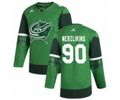 Men's Columbus Blue Jackets #90 Elvis Merzlikins 2020 St. Patrick's Day Stitched Hockey Jersey Green