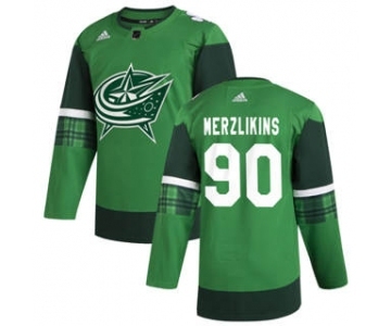 Men's Columbus Blue Jackets #90 Elvis Merzlikins 2020 St. Patrick's Day Stitched Hockey Jersey Green