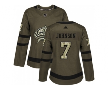 Women Adidas Columbus Blue Jackets #7 Jack Johnson Green Salute to Service Stitched NHL Jersey