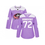 Women Adidas Columbus Blue Jackets #72 Sergei Bobrovsky Purple Authentic Fights Cancer Stitched NHL Jersey