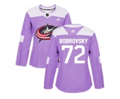 Women Adidas Columbus Blue Jackets #72 Sergei Bobrovsky Purple Authentic Fights Cancer Stitched NHL Jersey