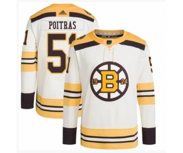 Men Boston Bruins #51 Matthew Poitras Cream 100th Anniversary Stitched Jersey