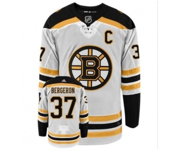 Men's BOSTON BRUINS #37 PATRICE BERGERON with C patch ADIDAS AUTHENTIC AWAY WHITE NHL HOCKEY JERSEY