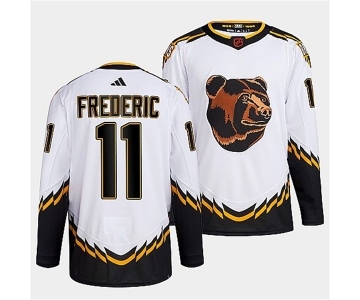 Men's Boston Bruins #11 Trent Frederic 2022 White Reverse Retro Stitched Jersey