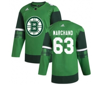 Men's Boston Bruins #63 Brad Marchand 2020 St. Patrick's Day Stitched Hockey Jersey Green