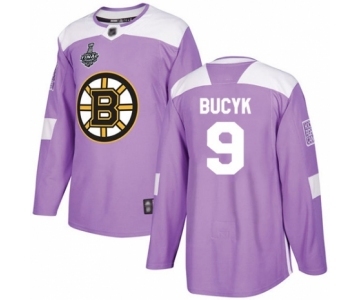 Men's Boston Bruins #9 Johnny Bucyk Authentic Purple Fights Cancer Practice 2019 Stanley Cup Final Bound Hockey Jersey