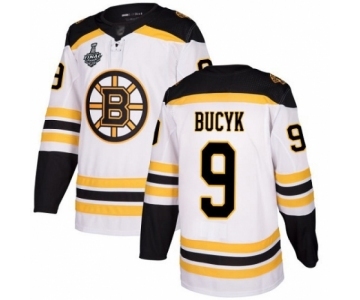 Men's Boston Bruins #9 Johnny Bucyk Authentic White Away 2019 Stanley Cup Final Bound Hockey Jersey