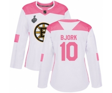 Women's Boston Bruins #10 Anders Bjork Authentic White Pink Fashion 2019 Stanley Cup Final Bound Hockey Jersey