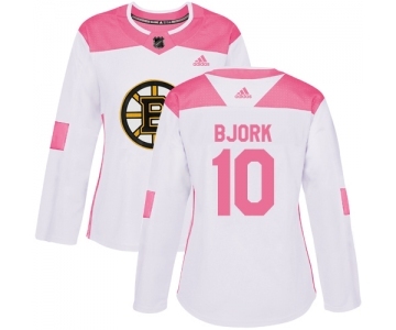 Women's Boston Bruins #10 Anders Bjork Authentic White Pink Fashion Hockey Jersey