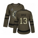 Women's Boston Bruins #13 Charlie Coyle Authentic Green Salute to Service 2019 Stanley Cup Final Bound Hockey Jersey