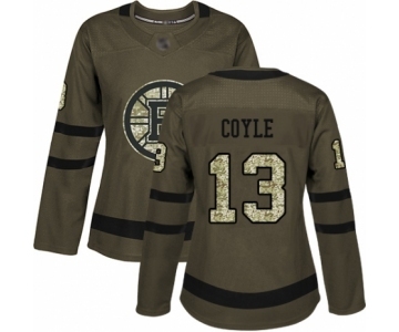 Women's Boston Bruins #13 Charlie Coyle Authentic Green Salute to Service Hockey Jersey