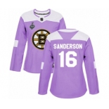 Women's Boston Bruins #16 Derek Sanderson Authentic Purple Fights Cancer Practice 2019 Stanley Cup Final Bound Hockey Jersey