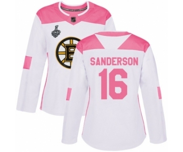 Women's Boston Bruins #16 Derek Sanderson Authentic White Pink Fashion 2019 Stanley Cup Final Bound Hockey Jersey