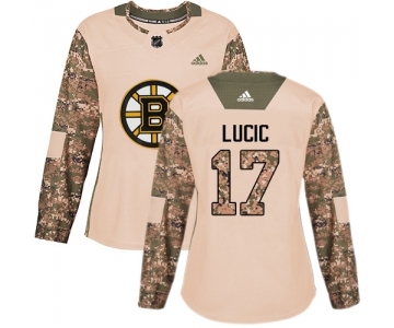 Women's Boston Bruins #17 Milan Lucic Authentic Camo Veterans Day Practice Hockey Jersey