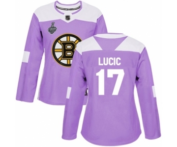 Women's Boston Bruins #17 Milan Lucic Authentic Purple Fights Cancer Practice 2019 Stanley Cup Final Bound Hockey Jersey