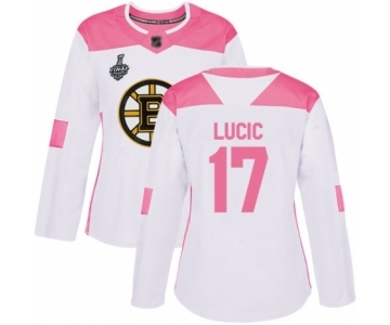 Women's Boston Bruins #17 Milan Lucic Authentic White Pink Fashion 2019 Stanley Cup Final Bound Hockey Jersey