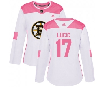 Women's Boston Bruins #17 Milan Lucic Authentic White Pink Fashion Hockey Jersey