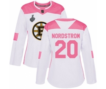 Women's Boston Bruins #20 Joakim Nordstrom Authentic White Pink Fashion 2019 Stanley Cup Final Bound Hockey Jersey