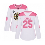 Women's Boston Bruins #25 Brandon Carlo Authentic White Pink Fashion 2019 Stanley Cup Final Bound Hockey Jersey