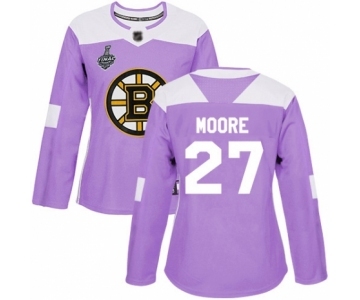 Women's Boston Bruins #27 John Moore Authentic Purple Fights Cancer Practice 2019 Stanley Cup Final Bound Hockey Jersey