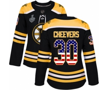 Women's Boston Bruins #30 Gerry Cheevers Authentic Black USA Flag Fashion 2019 Stanley Cup Final Bound Hockey Jersey