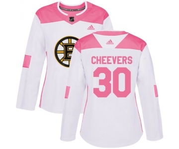 Women's Boston Bruins #30 Gerry Cheevers Authentic White Pink Fashion Hockey Jersey