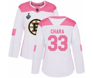 Women's Boston Bruins #33 Zdeno Chara Authentic White Pink Fashion 2019 Stanley Cup Final Bound Hockey Jersey