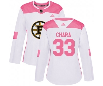 Women's Boston Bruins #33 Zdeno Chara Authentic White Pink Fashion Hockey Jersey