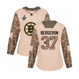 Women's Boston Bruins #37 Patrice Bergeron Authentic Camo Veterans Day Practice 2019 Stanley Cup Final Bound Hockey Jersey