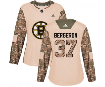 Women's Boston Bruins #37 Patrice Bergeron Authentic Camo Veterans Day Practice Hockey Jersey