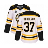 Women's Boston Bruins #37 Patrice Bergeron Authentic White Away 2019 Stanley Cup Final Bound Hockey Jersey