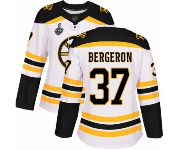 Women's Boston Bruins #37 Patrice Bergeron Authentic White Away 2019 Stanley Cup Final Bound Hockey Jersey