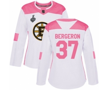 Women's Boston Bruins #37 Patrice Bergeron Authentic White Pink Fashion 2019 Stanley Cup Final Bound Hockey Jersey