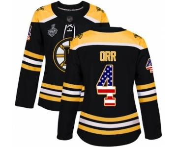 Women's Boston Bruins #4 Bobby Orr Authentic Black USA Flag Fashion 2019 Stanley Cup Final Bound Hockey Jersey