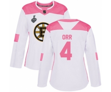 Women's Boston Bruins #4 Bobby Orr Authentic White Pink Fashion 2019 Stanley Cup Final Bound Hockey Jersey