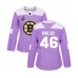 Women's Boston Bruins #46 David Krejci Authentic Purple Fights Cancer Practice 2019 Stanley Cup Final Bound Hockey Jersey