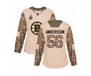 Women's Boston Bruins #56 Axel Andersson Authentic Camo Veterans Day Practice 2019 Stanley Cup Final Bound Hockey Jersey