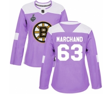 Women's Boston Bruins #63 Brad Marchand Authentic Purple Fights Cancer Practice 2019 Stanley Cup Final Bound Hockey Jersey