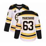 Women's Boston Bruins #63 Brad Marchand Authentic White Away 2019 Stanley Cup Final Bound Hockey Jersey